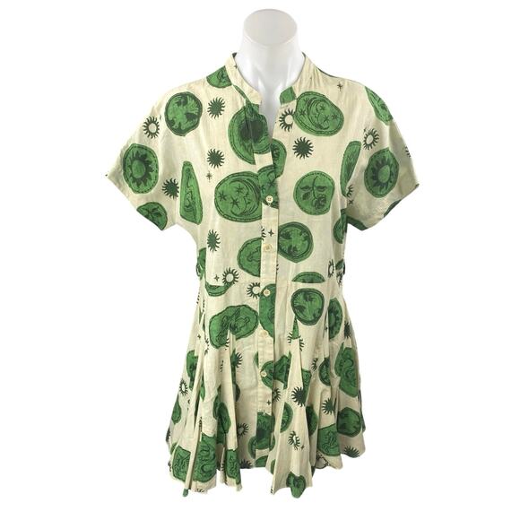 Zara Green Multicolor Printed Pleated Short Sleeve Button Down Shirt Dress Sz S - Picture 1 of 5